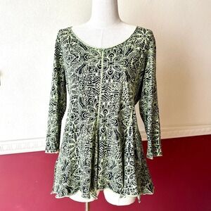 Prairie Cotton Lime Green Black Paisley Handkerchief Hem Top Size M Art-to-Wear